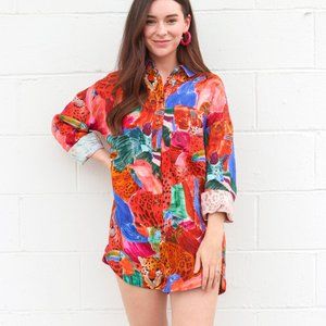 Farm Rio Animal Collage Shirt Romper Jumpsuit XS